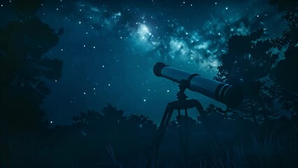 Wall Mural - Telescope on a tripod under a starry sky in a forest. The concept of starry sky and space exploration.