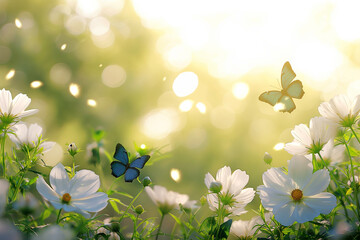 Wall Mural - Flowers garden with white blossom Cosmos flowers and blue butterflies in morning light, summer flower theme, spring time theme.