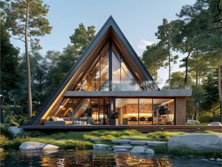 The triangular shaped vacation home has a beautifully decorated interior with a seating area and a water bar. In front of the house there is a small pond surrounded by large trees.Generative AI illust