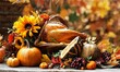 Family dining room table set with delicious golden roasted turkey on platter garnished rosemary fresh small pumpkins