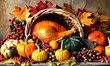 Stuffed Turkey for Thanksgiving Holidays with Pumpkins, Peas, Pecan Pie and Various Vegetables and Ingredients