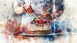 © yailek - A watercolor painting of a chef decorating a cake with berries.