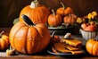 Thanksgiving Celebration - Pumpkins On Rustic Table With Corncobs Apples And Ears Wheat