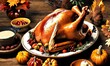 Roasted Christmas Chicken or Turkey for Christmas Dinner. Festive decorated wooden table for Christmas Dinner with baked chicken,
