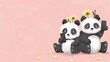 Two pandas with smartphones and flower crowns sitting on a pink background