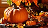 Fototapeta Desenie - Autumn still life celebrating Halloween or Thanksgiving, happy thanksgiving holiday