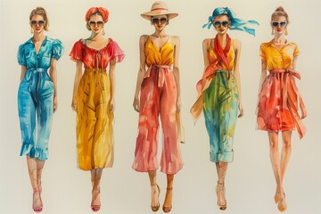 Collage with a group of charming women in retro American fashion style on a light background, 50s trend