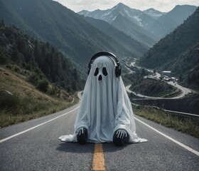 Halloween ghost on the road in the mountains. Halloween holiday concept.