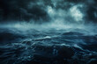 A horror, black and blue themed image with a haunted cloud over the sea, creating a scary and mysterious atmosphere.