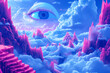 the genesis, abstract psychedelic vapor wave neon dream world background with the eye of the creator in the sky