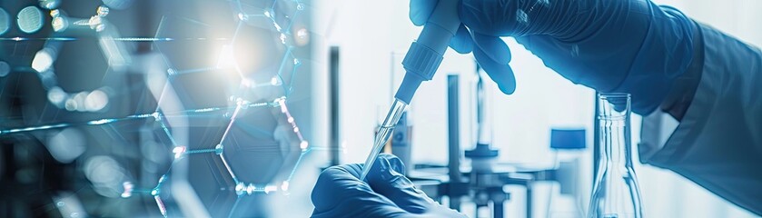 Laboratory precision in drug formulation, close-up on scientists hands with pipette, molecule diagram