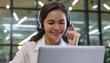 © WD Stock Photos - Happy call center agent wearing headset talking to client working in customer support office. Professional contract service telemarketing operator using laptop having conversation.