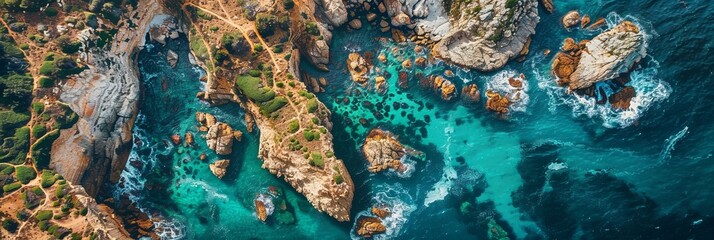 Wall Mural - rocky coastline aerial view. shot by drone from top.