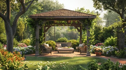 Outdoor Living: A 3D vector illustration of a backyard gazebo with a seating area