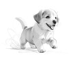 Black and white sketch of a Basset Hound puppy. Puppies have long, folded ears. There are folds of skin around the face and a short tail.