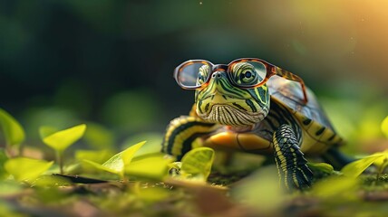 Wall Mural - funny turtle with big glasses, Generative AI,