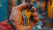 A close-up of a dirty hand holding a set of keys with colorful blurred background.