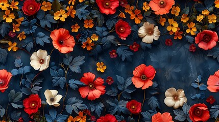 Wall Mural - A vibrant array of colorful flowers and leaves on a dark background perfect for a floral design theme. 