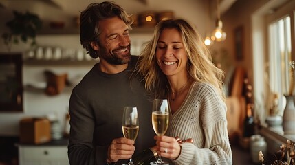 A joyful couple toasting with champagne glasses in a cozy home setting. 