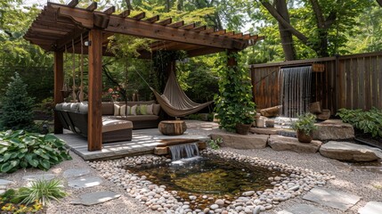 Sustainable Living Serenity: A serene outdoor living space with a calming water feature