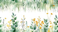 Watercolor Painting Of Assorted Green Plants And Yellow Flowers Creating A Serene Nature Background Suitable For Spring Themes And Designs. 