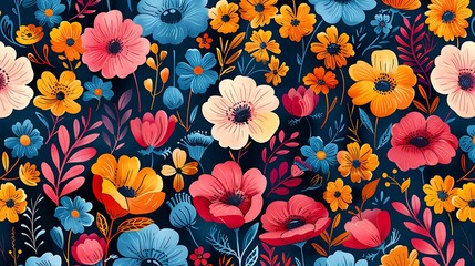Wall Mural - A vibrant floral pattern with a variety of colorful flowers and foliage on a dark blue background. 
