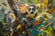 Colorful painting of a lemur sitting on a branch in a jungle