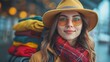 A stylish young woman in a yellow hat and red scarf smiles gently at the camera with a blurred background of colorful clothes 