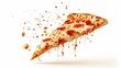 A slice of tasty pizza is flying out on a white background.