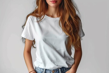 Wall Mural - A young woman in a white t shirt on a white background.