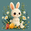 Adorable animated bunnies surrounded by Easter eggs and spring flowers on a tranquil teal background.