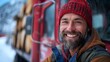 Portrait of a smiling bearded man in winter attire leaning on a red vehicle with a snowy backdrop lends a sense of adventure and warmth to any project 