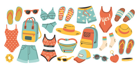 Wall Mural - Summer clothes vector set for sticker. Bright summertime poster. Collection elements for summer holiday.