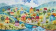 Whimsical Watercolor Village A Peaceful Community Nestled Among Rolling Hills and a Flowing River