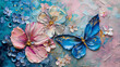 Delicate wildflowers and butterfly on canvas with oil paints. Painting. Picture..