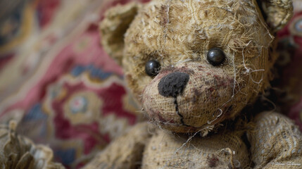 Wall Mural - A charming close-up of a well-loved vintage teddy bear showcasing its worn fur threadbare patches and endearing button eyes evoking nostalgia and fond memories of childhood companionship.