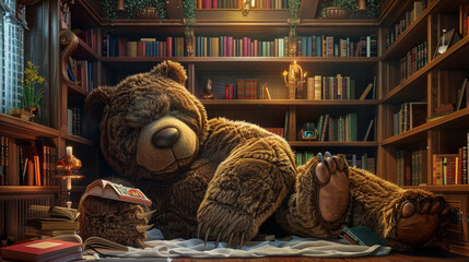 Wall Mural - A colossal teddy bear lounging in a cozy library nook surrounded by shelves of books and reading materials its wise gaze offering comfort and encouragement to book lovers