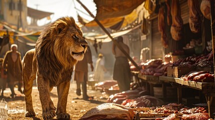 A lion is standing in front of a meat market