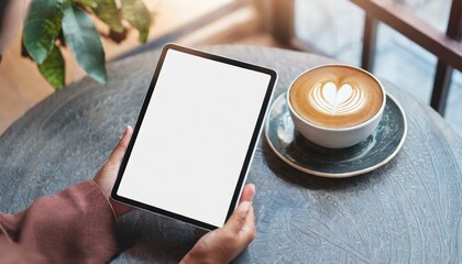 Poster - tablet held by man in a cafe - mockup for application or web design - template for presentation of g