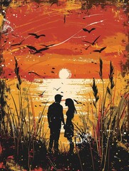 Naklejka na meble A couple's silhouette against a vibrant sunset on the beach, exuding romance and tranquility