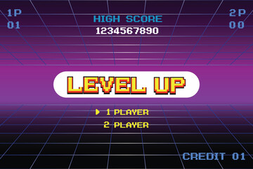 Poster - level up. synthwave wireframe net illustration. pixel art .8 bit game. retro game. for game assets .