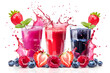 Three berries drink with strawberry, blueberry and raspberry isolated on white background.