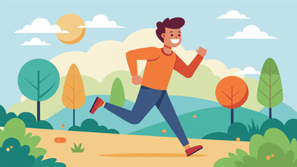 Wall Mural - A happy and energetic individual jogging through a picturesque park demonstrating the increased energy and vitality that can result from a