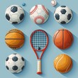 Collection of various sports balls with a tennis racket casting a shadow on a light background.