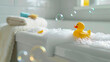 Duck in a foam bath. Selective focus.