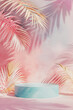 Pink background with podium and tropical leaves.