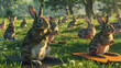 A many rabbits doing yoga, stretching in a peaceful meadow, with a serene expression and yoga mat
