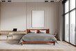 Modern hotel bedroom interior with bed and workspace. Mockup frame