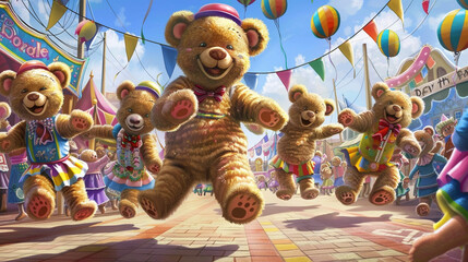 Wall Mural - teddy bears dressed in colorful costumes and dancing merrily at a lively carnival parade their animated movements and infectious energy spreading smiles to all who behold their delightful antics.