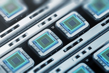 Poster - Top view of micro chips on a production line, computer engineering